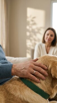 Man pets dog while woman observes, highlighting support and companionship