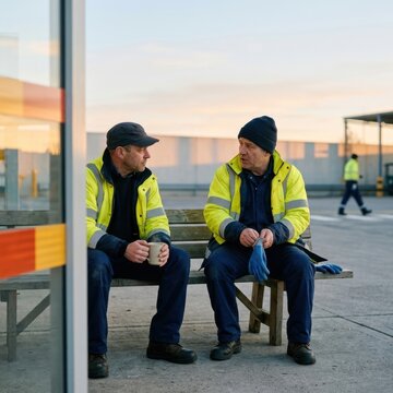 Two workers in yellow safety jackets conversing on a bench at worksite