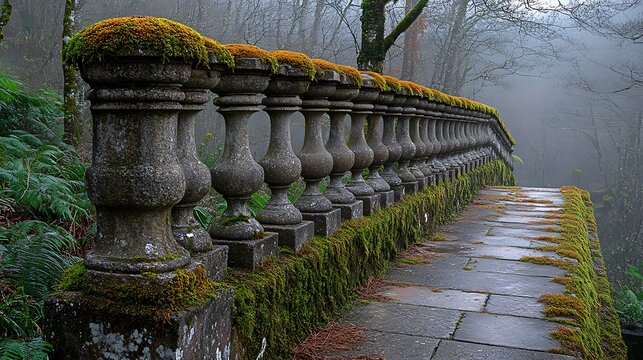 Stone balustrade in forest.