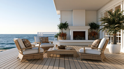 Naklejka premium Coastal outdoor patio with wicker armchairs, wooden table, fireplace, ocean view, and potted plants, creating serene relaxing atmosphere