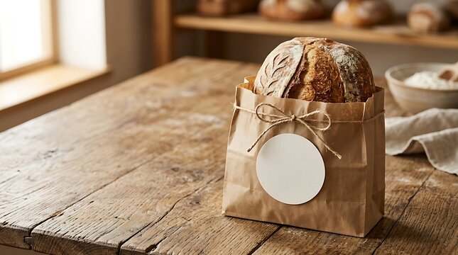 Freshly baked sourdough bread in a paper bag with a blank label on a rustic wooden table.
