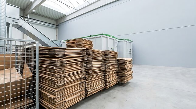Almac&eacute;n industrial con gran pila de caja de cart&oacute;n lista para reciclaje en f&aacute;brica
