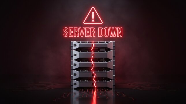 Server Failure Concept with Neon Warning Sign and Hardware Crash in Data Center