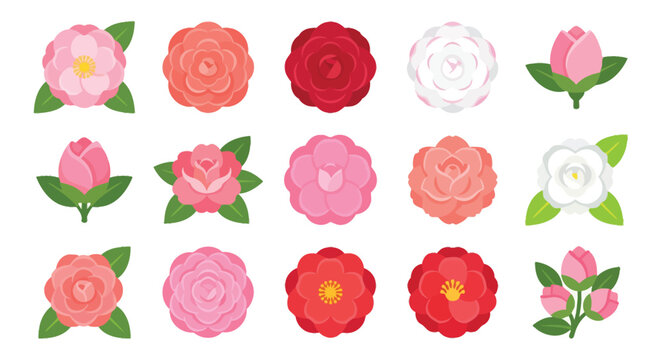 Set of flat camellia and rose flower icons in pink, red, and white. Isolated vector illustrations for floral design.