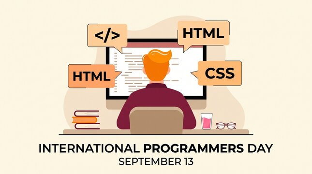 A flat illustration depicting a programmer working at a computer desk with code and web development icons for International Programmers Day celebration on September 13th
