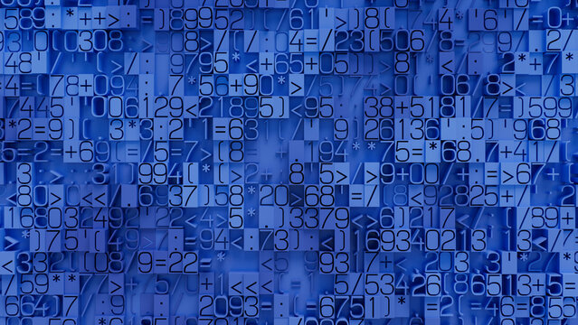 Pixelated Mosaic of Overlapping Numbers and Symbols in Varied Sizes on Solid Blue Background, Ideal for Digital Art, Graphic Design, and Mathematical Concept Visualizations