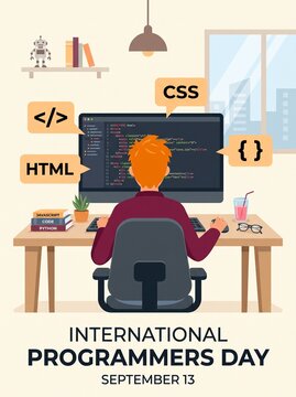 A vector illustration of a red-haired programmer sitting at a wooden desk with a computer, coding with HTML, CSS, and curly brackets icons for International Programmers Day on September 13.