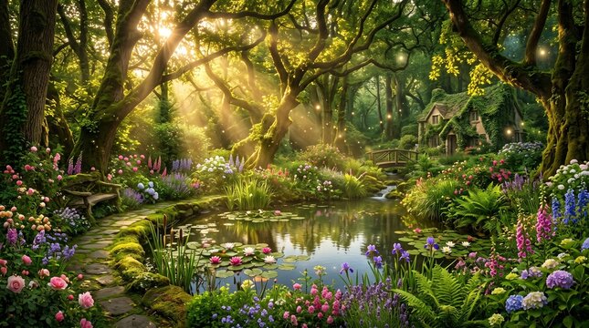 Enchanted forest glade with tranquil pond and vibrant wildflowers bathed in golden sunlight
