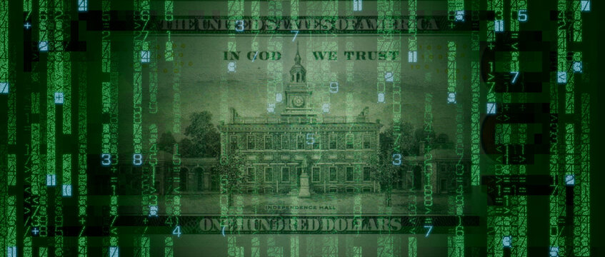 Electronic Money Concept with One Hundred Dollar Bill made from Code. Cryptocurrency Finance Wallpaper.