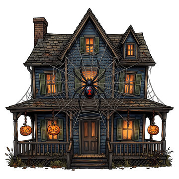Halloween House with Giant Spider Web, Black Widow, and Hanging Jack-o'-Lanterns on Transparent Background