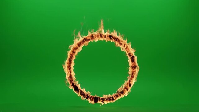 Fiery Ring Burning with Intense Flames Against a Green Screen Background in Dramatic Cinematic Motion