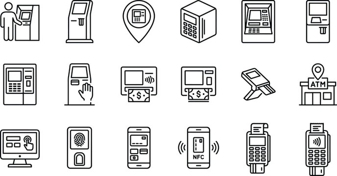 Automated teller machine and electronic payment icons set featuring atm kiosk terminal pos contactless mobile banking transactions vector