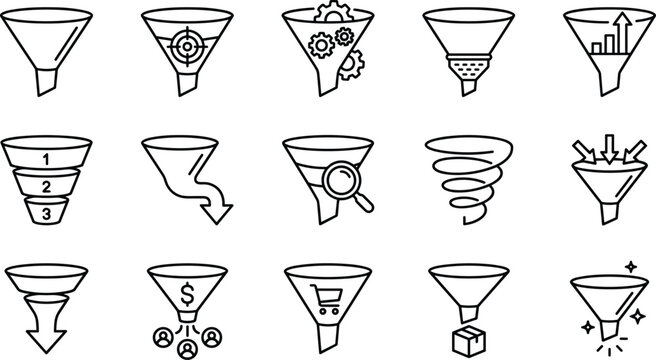 Sales marketing funnel icons set for business conversion optimization strategy customer data sorting process and analytics vector