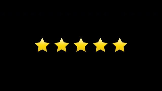 Gold five star rating icons filling up for customer reviews on a transparent background