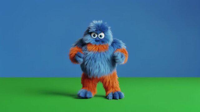 Furry blue character dances energetically on green and blue background