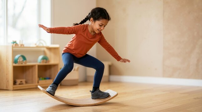 Young girl balancing on a wooden wobble board indoors. Child practicing balance and coordination on a curved board in a playroom