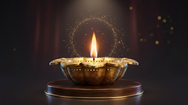 Golden diya lamp with sparkling light for diwali festival celebration and traditional hindu decor