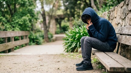 Fototapeta premium Adolescent boy sitting on a bench while pulling a hoodie over his face outdoors. Teen wearing a hooded sweatshirt in a park setting