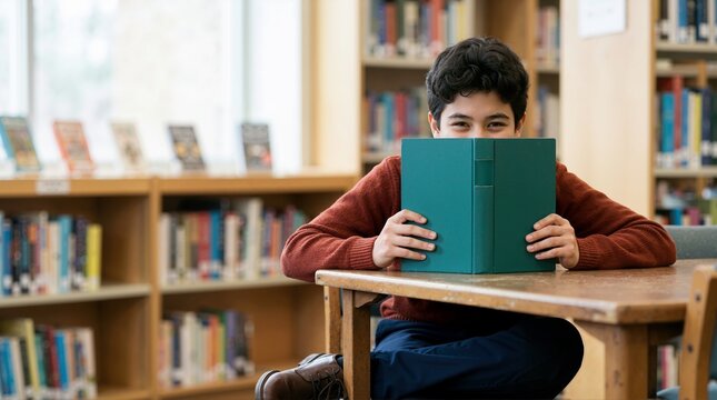 Adolescent boy hiding his face behind a book in a library. Young student holding a book at a wooden table