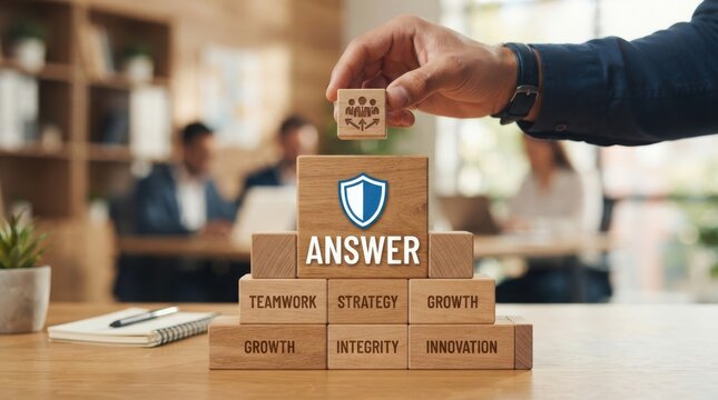 Stack of cardboard boxes with leadership words and shield icon