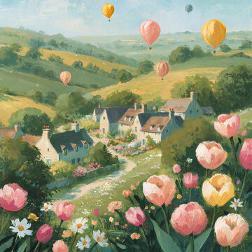 Hot air balloons drift above a quaint village tucked into green rolling hills, while colorful tulips and wildflowers fill the foreground