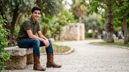 Obraz premium Teenage boy sitting on a stone bench in a park. Smiling adolescent male wearing brown cowboy boots and olive shirt