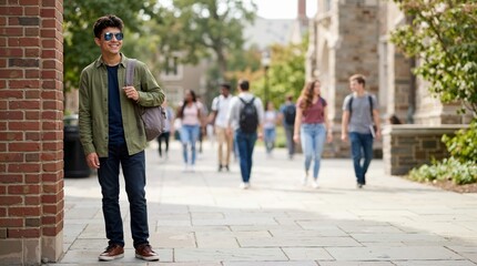 Obraz premium Adolescent student wearing mirrored sunglasses standing on university campus. Young male with backpack outside college building