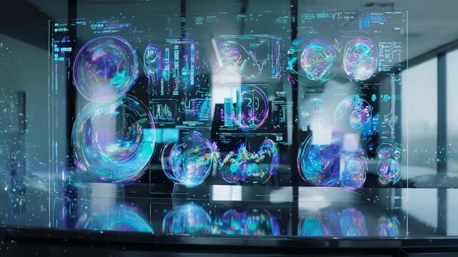 Futuristic Holographic Display with Abstract Data Streams in Modern Office Interior