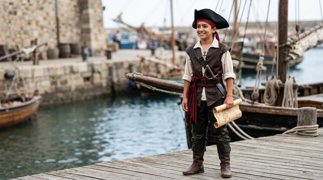Teenager wearing pirate costume holding scroll map on harbor pier. Youth dressed up for historical theme