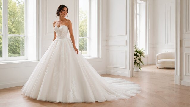 Bride wearing a strapless lace ball gown wedding dress. Smiling woman in a sleeveless white bridal gown in a bright interior. Bridal fashion and gown fitting concept