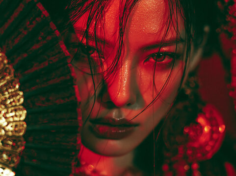Close up front angle shot , model woman holding a hand fan cover her half face , red color tone of image.