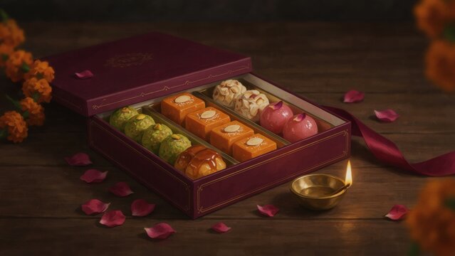 Luxury gift box filled with assorted traditional Indian sweets for festive gifting