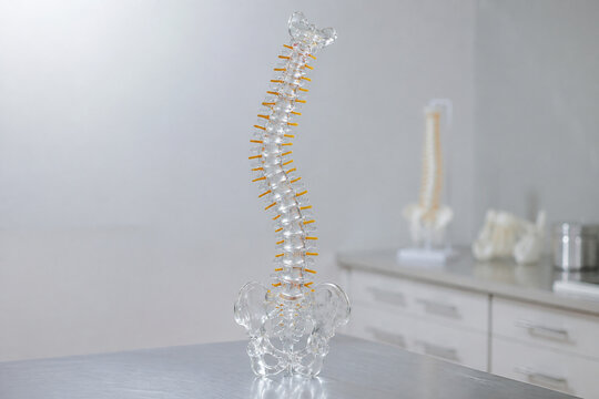 Translucent anatomical model of human spine with lateral S-curve on steel table, scoliosis and medical education concept