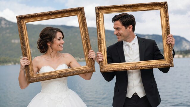 Bride and groom posing with golden picture frames by lake side. Newlyweds holding ornate frames with mountain background