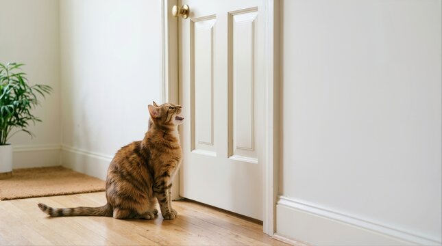 Tabby cat meowing at a closed door. Domestic pet waiting to enter a room