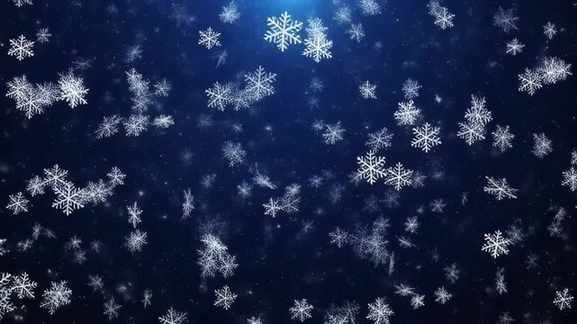 Gentle snowfall drifts down against a deep blue winter night sky with subtle spotlight effects