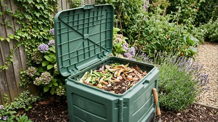 Fototapeta premium Open green compost bin filled with organic kitchen food waste in a garden. Domestic composting box with vegetable scraps