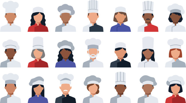 Diverse group of chefs wearing traditional white toques in a colorful portrait