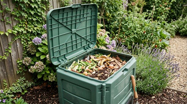 Open green compost bin filled with organic kitchen food waste in a garden. Domestic composting box with vegetable scraps