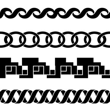 Collection of four seamless decorative borders featuring wave lines, interlocking chain links, geometric blocks, and twisted ribbons