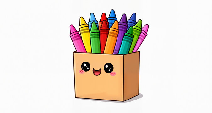 Cute Box of Colorful Crayons Cartoon Illustration Isolated on White
