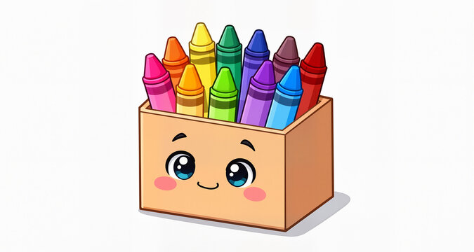 Cute Box of Colorful Crayons Cartoon Illustration Isolated on White
