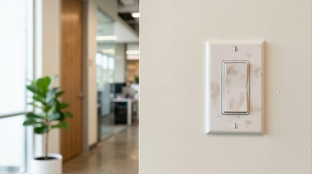 Dirty light switch with visible fingerprints on a white wall. Hygiene, germ transmission, and surface cleaning concept