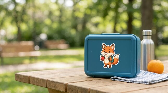 Blue plastic lunchbox with a cartoon fox sticker on an outdoor picnic table. School lunch prep with stainless steel water bottle and fruit