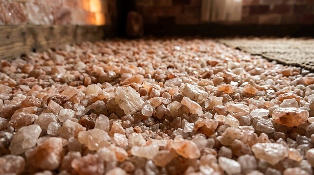 Pink himalayan salt crystals cover a spa room floor