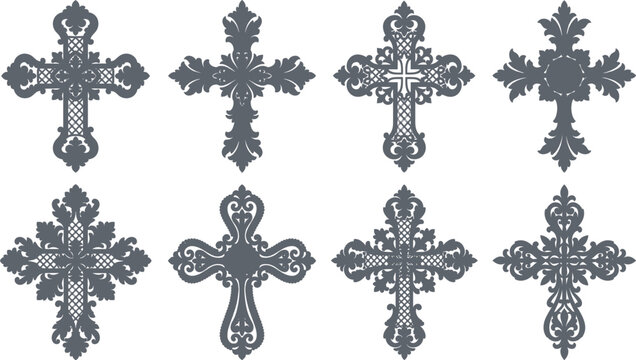 Ornate Christian Cross Silhouette Set with Decorative Gothic Baroque Floral and Filigree Religious Graphic Emblem Designs