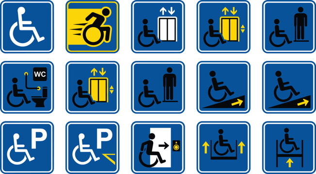 Accessibility and Disability Icon Set with Wheelchair Handicap Symbols for Ramps, Elevators, Parking, and Public Signage