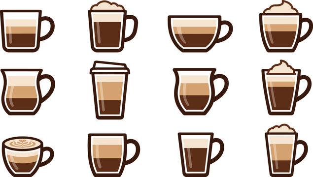 Minimalist Coffee Type Icon Set with Espresso Latte Cappuccino Macchiato Layers and Glass Mug Graphic Guide Designs