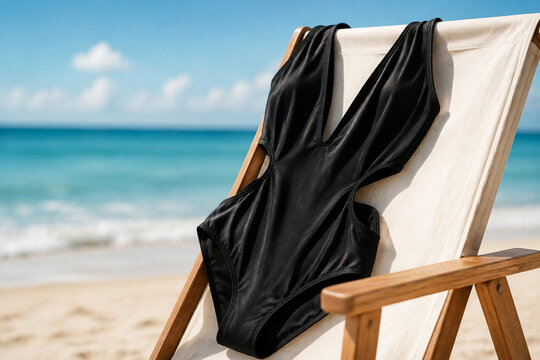 A black monokini draped over a white beach chair by the sea.
