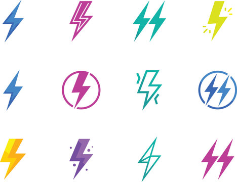 Minimalist Colorful Lightning Bolt Icon Set with Dynamic Double Flash Energy Circle Badge and Electric Power Logo Designs